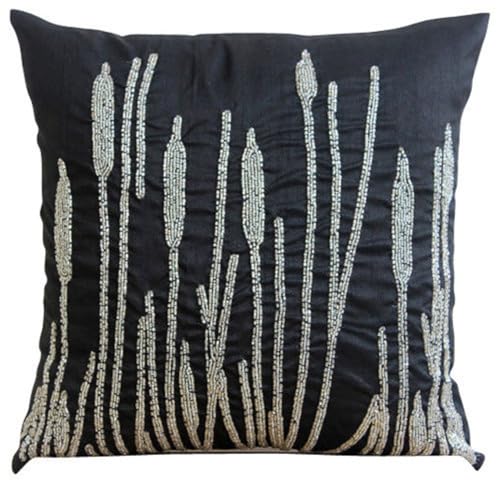 The HomeCentric Schwarz Euro Kissenbezuge, 65x65 cm Euro Kissenbezuge, Wulstige Millet Grass Design Euro Kissen Shams, Seide Euro Shams, Blumen Zeitgenossisch Euro Shams - Black Beauty von The HomeCentric