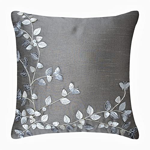 The HomeCentric Silber Kissenbezuge, Leder Und Perlen Blätter Kissen Decken, Wurfkissenbezuge 35x35 cm, Platz Seide Kissen Abdeckungen Fur Couch, Blumen Zeitgenossisch Kissen - Silver Beauty von The HomeCentric