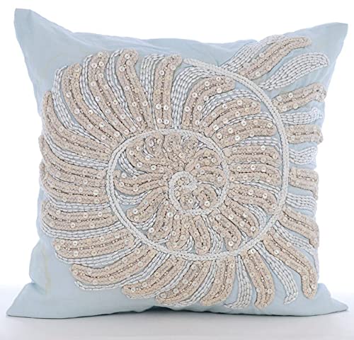The HomeCentric Swirl Twirl - 30x30 cm Square Decorative Throw Pillow Cover Light Blue Linen Pillow Cover with Jute and Pearl Beads Embroidery von The HomeCentric
