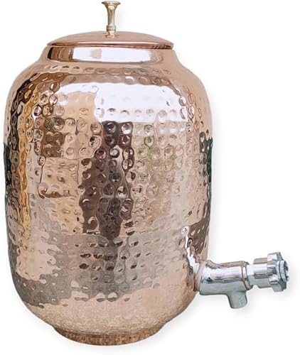 The India's Store Wasserspender aus reinem gehämmertem Kupfer mit Wasserhahn Matka Wasserkrug Kupfertopf Kupferkrug mit Wasserhahn 8 Liter von The India's Store