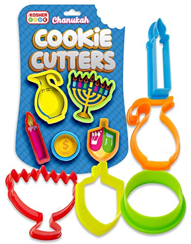 Chanukah Ausstechformen-Set – 5-teilig – Menorah, Dreidel, Ölkännchen, Chanuka Gelt und Kerze geformte Kunststoffausstecher – Chanukah Kochgeschirr und Backwaren von The Kosher Cook von The Kosher Cook