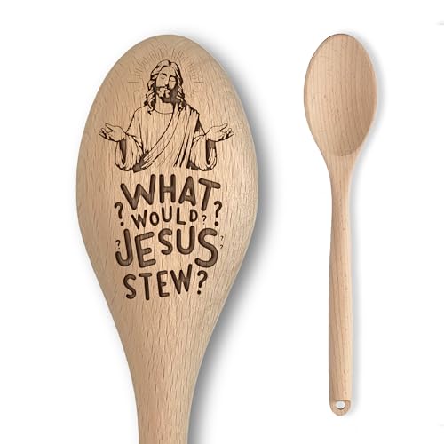 Jesus Kochlöffel - "What Would Jesus Stew?" Holzlöffel mit Gravur - Lustiges religiöses Geschenk für Hobbyköche - Erschwingliches & lustiges Backgeschenk für Männer/Frauen von The Laser Factory