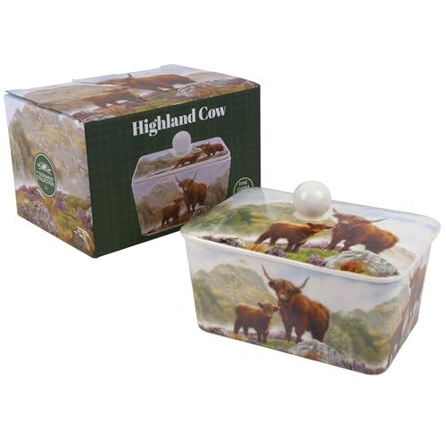 The Leonardo Collection Macneil Studios Butterdose Highland Cow | Dekorativer Porzellan-Butterbehälter mit Deckel | Landhausstil | handillustriertes Hochlandrinder-Design von The Leonardo Collection