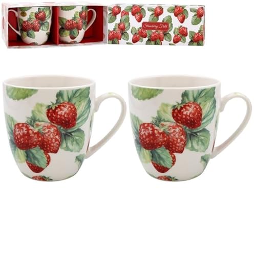 Lesser & Pavey Erdbeerfeldbecher-Set, 2er-Set, Keramik-Kaffeebecher-Set für Zuhause oder Arbeit, hochwertiges Design-Tassen-Set für alle Gelegenheiten, schöne Tassen für Tee, Kaffee und heiße Getränke von The Leonardo Collection