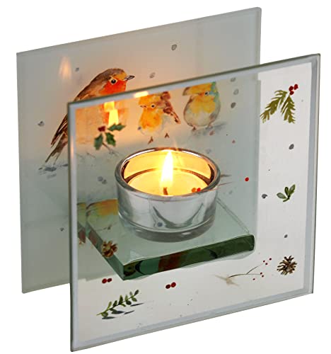 Teelichthalter aus Glas mit weihnachtlichem Rotkehlchen-Motiv von The Leonardo Collection