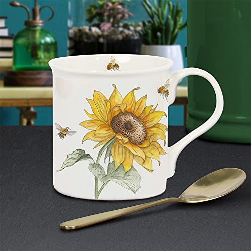 Lesser & Pavey Kaffeetasse im britischen Design, Keramik-Kaffeetassen für Zuhause oder Arbeit, große Tassen für Heißgetränke, Tee- und Kaffeetassen (Bee-Tanical Sonnenblumentasse) von The Leonardo Collection