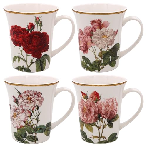 The Leonardo Collection Redoute Rose Tassen Set von 4 Pierre-Joseph Redoute, Tee- und Kaffeebecher für Heißgetränke | Fine China bedruckte Tassen für Küche & Zuhause | Wiederverwendbare Keramikbecher von The Leonardo Collection