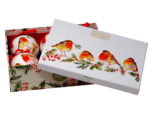 Weihnachtskugeln mit Rotkehlchen-Motiv, in Geschenkbox, 6 Stück von The Leonardo Collection