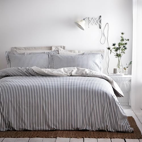 Das Leinen Yard Die Hebden Duvet Set Reversible Streifen-Design - 1 X Pillowcase Inklusive Der Maschine Waschbar - 135 X 200 cm (53" X 79" Zoll), Baumwolle, Blau/Grau/Natural, Einzel von The Linen Yard