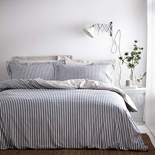 Yard Die Leinen Hebden Duvet Set Reversible Streifen-Design-2 x Kissen- inklusive der Maschine waschbar-200 x 200 cm (79" x 79" Zoll), Baumwolle, Blau/Grau/Natural, Doppel von The Linen Yard