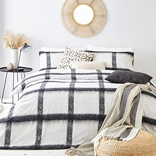 The Linen Yard Mohair Check Duvet Cover Set, Baumwolle, Natural/Black, 137 x 200 cm von The Linen Yard