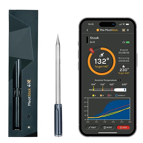 MeatStick 4X (ein Sonden-Set) | Quad-Sensoren, intelligentes, kabelloses Fleischthermometer, 200 m Reichweite, digitale Lebensmittelsonde mit Bluetooth, zum R?uchern, Grillen, Grillen, Frittieren, Frittieren, Backofen, Rotisserie von The MeatStick