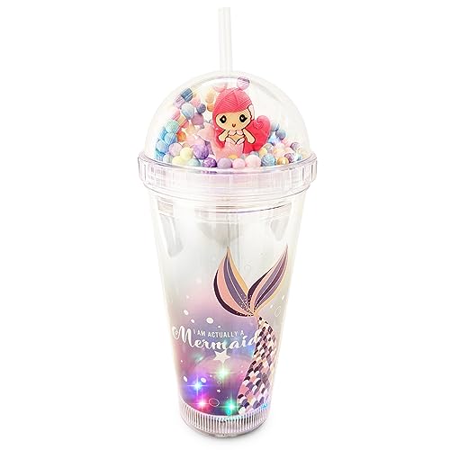 Glow Partybecher für Kinder, leuchtender Trinkbecher, magische Tasse mit LED, leuchtet im Dunkeln, 473 ml, mit Deckel und Strohhalmen (rosa Meerjungfrau) von The Onyx Bee