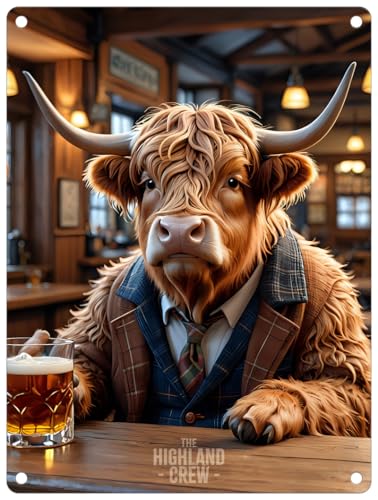Kleines (150 x 200 mm) Metallschild – The Highland Crew – Whisky Bar Bull von The Original Metal Sign