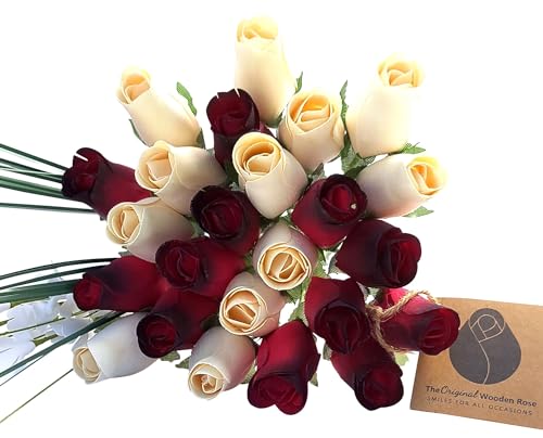 The Original Wooden Rose, Rot mit schwarzen Spitzen und weißem Rosenstrauß aus Holz (2 Dutzend) von The Original Wooden Rose