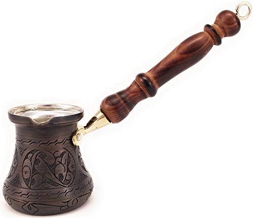 PCA-Serie (klein) – dickste massive Gravur, antikes Kupfer, türkisch, griechisch, arabisch, robust, mit Holzgriff, Herdplatte, Kaffeemaschine, Jazzve Cezve Ibrik Briki von The Silk Road Trade