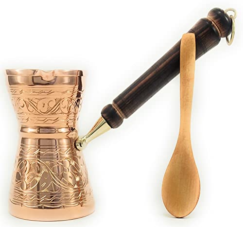 The Silk Road Trade,2022 GCP-Serie (groß) dickstes massives Kupfer gravierte, gehämmerte griechische türkische arabische Kaffeekanne mit Holzgriff, Herd-Kaffeemaschine Cezve, Ibrik, Briki (Kupfer) von The Silk Road Trade