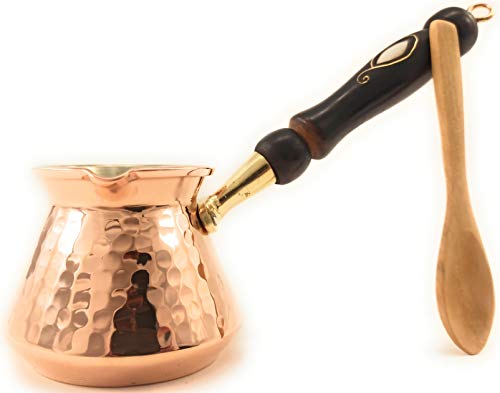 The Silk Road Trade - ACC-Serie (klein) – handgehämmerte türkische, griechisch-armenische Kupfer-Kaffeekanne robuste Kaffeemaschine für den Herd Cezve Jazzve Jazva Jezve Ibrik Briki mit Holz (250 ml) von The Silk Road Trade