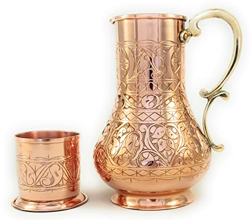 The Silk Road Trade - KS Series 2019-2 Kupfer-Krug und Becher-Set mit Deckel, Moskau-Maules-Wasserkrug, Eistee und Saftgetränke, Ayurvedische Heilung, 35 ml Engraved Copper von The Silk Road Trade