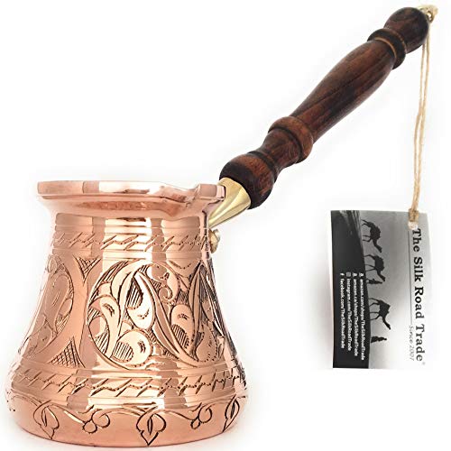 The Silk Road Trade - PC-Serie (groß) – dickster massiver Kupfer-gravierter und gehämmerter türkischer griechischer arabischer Kaffeekanne mit Holzgriff, robuste Kaffeemaschine, Cezve, Ibrik (414 ml) von The Silk Road Trade