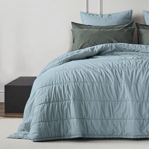 The Tangerine Store Bettwäsche-Set mit breitem Kanalstich-Design, gesteppte Bettwäsche aus reinem Leinen, leicht und atmungsaktiv für Komfort für alle Jahreszeiten, Himmelblau, Queen-Size-Bett von The Tangerine Store