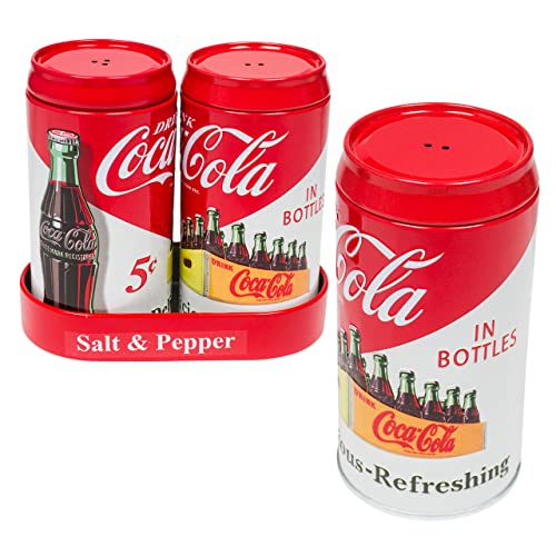 Coca-Cola Metall-Shaker Salz- und Pfefferstreuer Set, Zinnmetall, 10,2 cm hoch, 3,8 cm Durchmesser, geprägtes Logo von The Tin Box Company