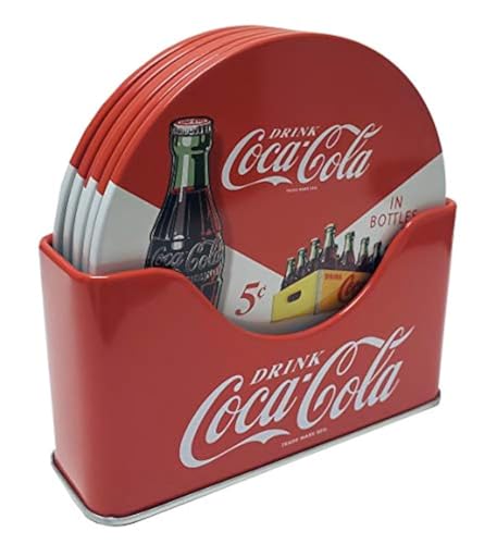 The Tin Box Company Coke 6-teiliges Untersetzer-Set mit stehender Metallhalterung, Rot von The Tin Box Company