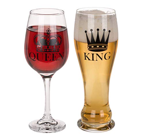 King Bierglas Queen Weinglas 2er Set 100% Glas, Fassungsvermögen 600 & 430 ml. 2-teilig, in PVC-Box. von Out of the blue