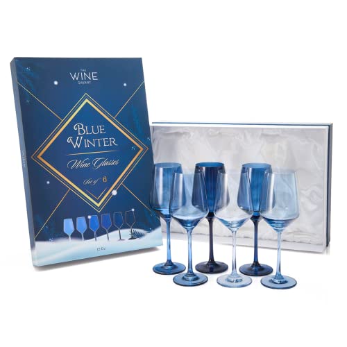 Blaues Weinglas-Set, große 340 ml Gläser, 6 Stück, einzigartiger italienischer Stil, hoher Stiel für Weiß- und Rotwein, Wasser, Margarita-Gläser, Farbbecher, hell bis dunkelblau, marineblau (Stiel) von The Wine Savant