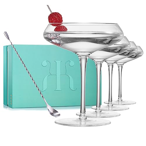 Champagner-Coupé-Glas aus Kristall, 284 ml, Luxus-Coupé mit silberfarbenem Rührlöffel, mundgeblasen, klarer klassischer Cocktail für Manhattan, Cosmopolitan, Sidecar, Speakeasy – Stielkelche von The Wine Savant