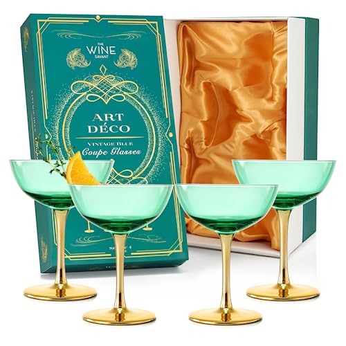 Colored Coupe Art-Deco-Gläser, goldfarben, 340 ml, klassische Cocktailgläser für Champagner, Martini, Manhattan, Beiwagen, Kristallkelche im Speakeasy-Stil, Vintageblau, Blaugrün, Grün, 2 Stück von The Wine Savant