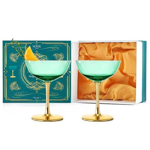 Colored Coupe Art-Deco-Gläser, goldfarben, 340 ml, klassische Cocktailgläser für Champagner, Martini, Manhattan, Beiwagen, Kristallkelche im Speakeasy-Stil, Vintageblau, Blaugrün, Grün, 2 Stück von The Wine Savant