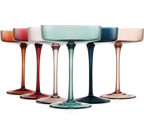 Farbige Vintage Art Deco Coupé-Gläser, Martini-, Cocktail- und Champagnergläser, geriffelt, 200 ml, 6 Stück, niedliche pastellfarbene gedämpfte Kristall-Cocktailgläser, Kelch, Cocktails, geriffelte von The Wine Savant