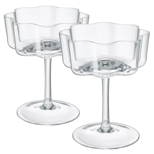 Flower Vintage gewellte Blütenblätter Wave Glas Coupes 200 ml Bunte Cocktails, – Set mit 2 Stück – geriffelte und Champagnergläser, Bar-Glaswaren, Urheberrecht und zum Patent angemeldet (transparent) von The Wine Savant