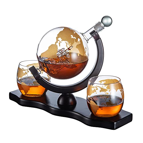 Gold geätztes Whiskey-Dekanter-Set Globus mit 2 goldgeätzten Globus-Whiskygläsern – perfekt für einen Geburtstag, Dekanter-Set für Whiskey, Scotch, Bourbon (765 ml) (Gold) von The Wine Savant
