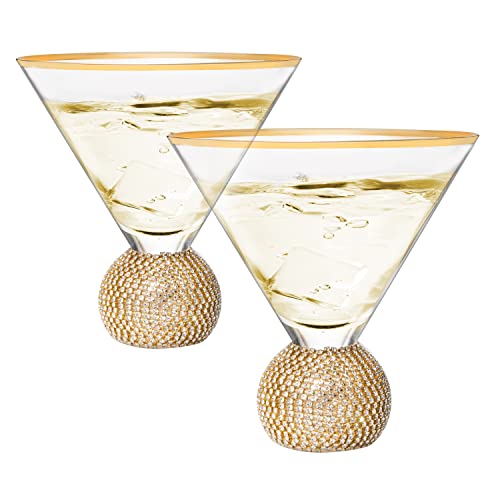 Martini-Gläser mit Diamant-Nieten, 2er-Set – The Wine Savant – modernes Cocktailglas, Strass-Diamanten mit stiellosem Kristallkugel-Basis, Bar oder Party, 300 ml, Swarovski-Stil von The Wine Savant