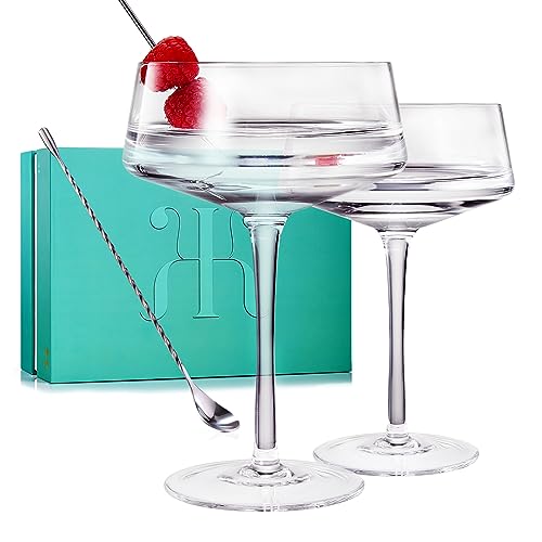 Martini- und Champagner-Coupé-Gläser, 2er-Set mit silbernem Löffel | 10oz | Kristall Luxus, Premium mundgeblasen | Klassische Cocktail- und Glas-Coupés für Manhattan, Cosmopolitan, Sidecar von The Wine Savant