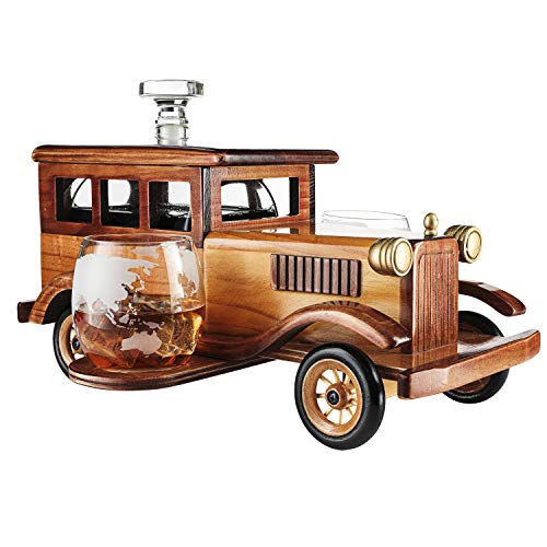 Old Fashioned Car Whiskey Dekanter-Set, sehr groß, 38,1 x 33 17,8 cm, 750 ml Dekanter Zapfen und 57,7-284 Tumbler Fashion Gläser, Vintage Car, Limited Edition, tolles Bar-Geschenk. von The Wine Savant