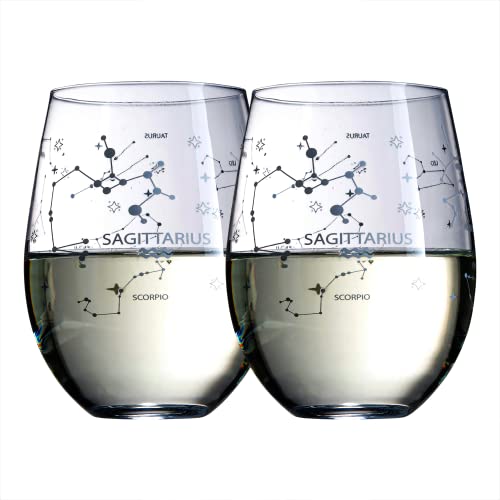 Set mit 2 Sternzeichen Weingläsern mit 2 Holzuntersetzern von The Wine Savant – Astrologie Trinkglas Set mit geätzten Sternbild Becher für Saft, Hausbar, Horoskop, Geschenke, 530 ml (Schütze) von The Wine Savant