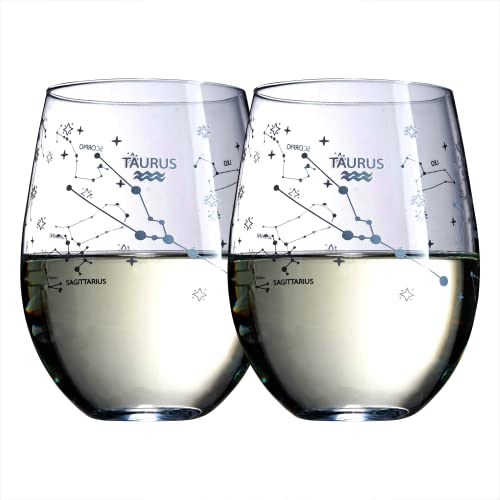 Set mit 2 Sternzeichen Weingläsern mit 2 Holzuntersetzern von The Wine Savant – Astrologie Trinkglas Set mit geätzten Sternbild Becher für Saft, Wasser Home Bar Horoskop Geschenke 530 ml (Stier) von The Wine Savant