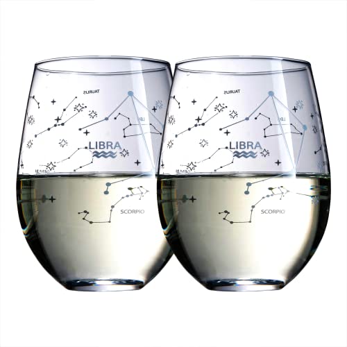 Set mit 2 Sternzeichen Weingläsern mit 2 Holzuntersetzern von The Wine Savant – Astrologie Trinkglas Set mit geätzten Sternbild Becher für Saft, Wasser Home Bar Horoskop Geschenke 530 ml (Waage) von The Wine Savant