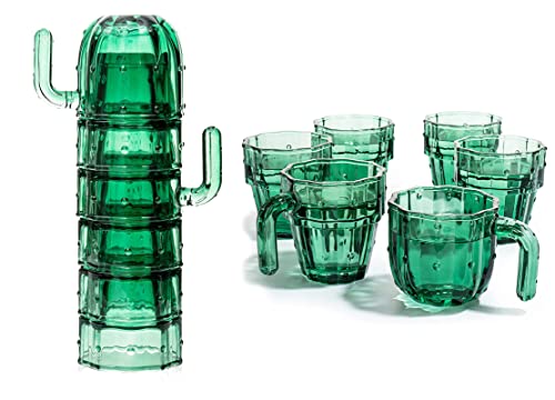 Stacktus Stapelbare Gläser, Stacktus Geschenke, Set mit 170 ml – 284 ml Kaktus-Form Gläser mit Griffen, grüne Glasfiguren, 8.9 cm H 12.7 cm B – Copyright Design, zum Patent angemeldet von The Wine Savant