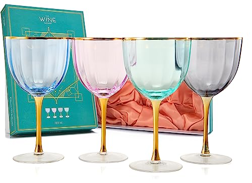 The Wine Savant Goldrand, mehrfarbige Kristall-Weingläser, 340 ml, Set mit 4 klassischen Weingläsern für Cocktails, Martini, klassische Cocktailgläser mit goldfarbenem Rand, Kristall mit Stielen von The Wine Savant