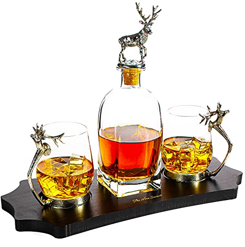 The Wine Savant Whiskey Hirsch Dekanter-Set mit 2 Hirschgläsern, elegantes Dekantier-Geschenk-Set für Bar – Luxus-Dekanter für Bourbon, Scotch oder Whiskey, 750 ml von The Wine Savant