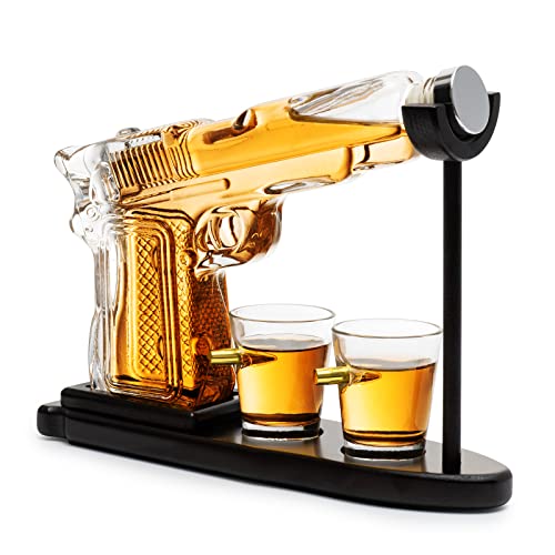 The Wine Savant Whisky & Wine Rifle Carafe Pistol Whiskey Decanter Set - Whiskey Gifts for Men - 300 ml - Birthday Gift Set - Includes 2 Whisky Glasses - Whiskey Snap Decanter von The Wine Savant