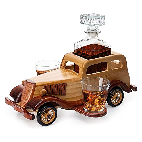 Whisky Dekanter Set - Auto Whisky Dekanter-Set mit 2 Whiskygläsern - Geschenk mit Kristallgläsern und altmodischem Oldtimer Auto - Personalisiertes Set für Männer - Bar-Accessoires für Alkohol von The Wine Savant