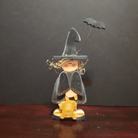 Halloween Goofy Lustige Hexe Holz Handbemalt Tole Paint Vintage Katze Fledermaus von TheBeeskneesTreasure