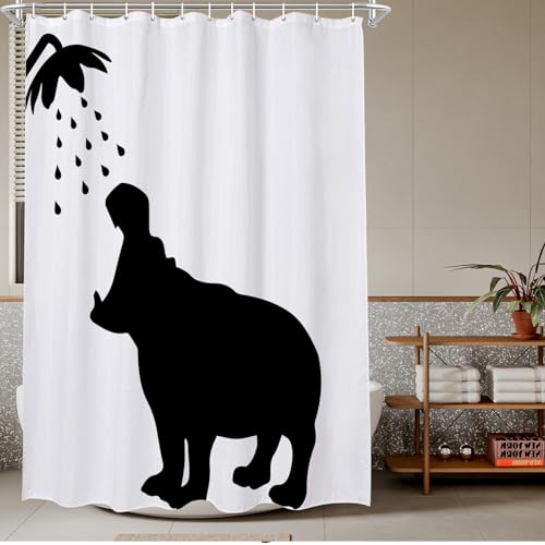 Lustiges Nilpferd-Duschvorhang, Stoff, Badezimmer-Dekor-Set mit Haken, wasserdicht, waschbar (70 W × 70 L) von TheBlackSpot