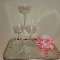 Vintage Glas Geätzt Karo Gerahmt Schliff Lorbeer Martini Cocktail Gläser | 4 von TheBusyBarCart