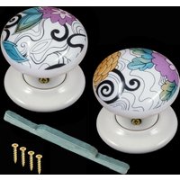 Keramik Türknauf Set Weiß Pastell Woodstock Design | Paar von TheCeramicStore